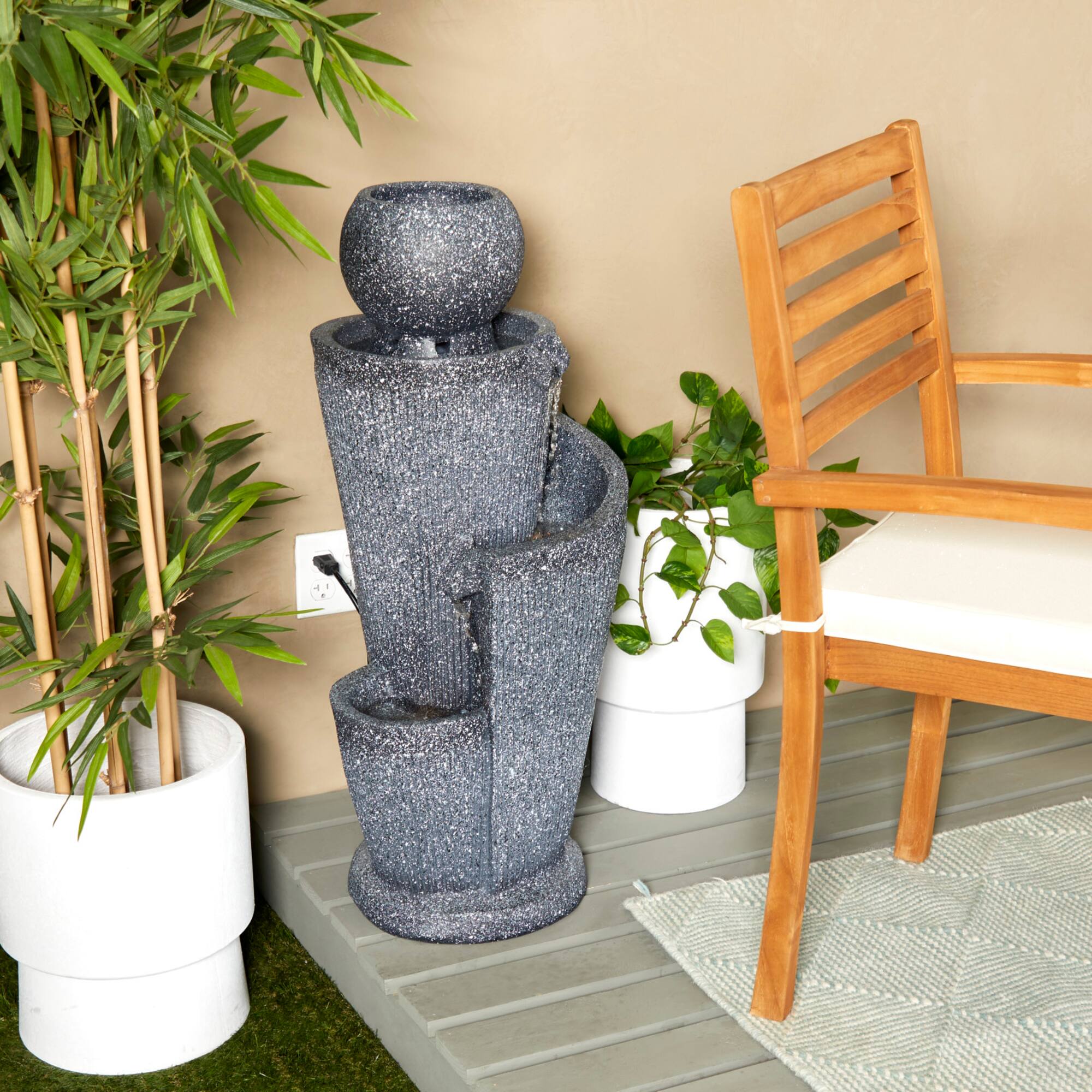 35" Dark Gray Fiberglass 3-Tier Fountain with LED Light